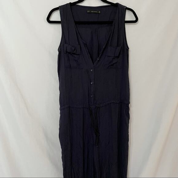 Zara Blue Sleeveless Button Cinch Waist Jumpsuit Womens M Pocket Casual Spring - Picture 1 of 9